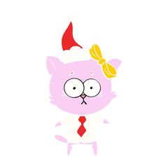 flat color illustration of a cat wearing santa hat