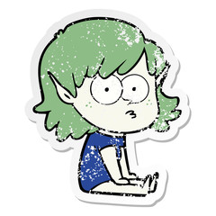 distressed sticker of a cartoon elf girl staring