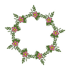 Vector illustration flower frame design and circular green leaves hand drawn