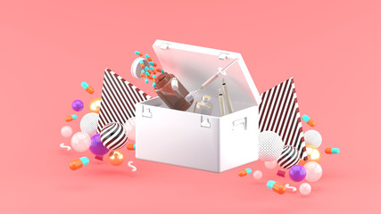 Drugs and syringes floating from a drug pocket amidst colorful balls on a pink background.-3d rendering.