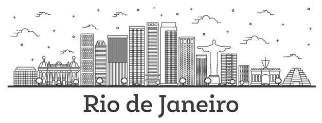 Outline Rio de Janeiro Brazil City Skyline with Modern Buildings Isolated on White.