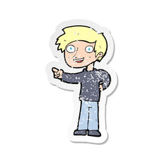 retro distressed sticker of a cartoon man pointing
