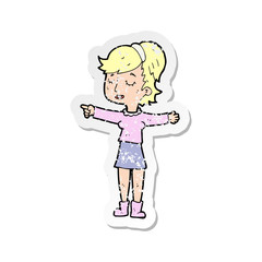 retro distressed sticker of a cartoon happy woman pointing