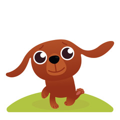 Happy cartoon puppy sitting, Portrait of cute little dog. Dog friend. Vector illustration. Isolated on white background. Funny little corgi walking by green meadow in park. Sunny summer day. Concept