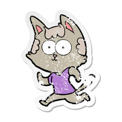 distressed sticker of a happy cartoon cat jogging