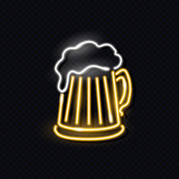 Neon mag of beer with foam isolated on dark background. Night signboard concept for logo, flyer, poster. Vector 10 EPS illustration.
