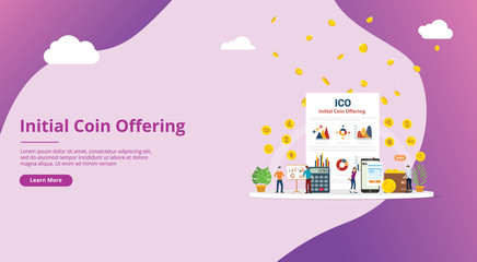 ico initial coin offering concept with people website template banner and business money graph finance with gold money - vector illustration