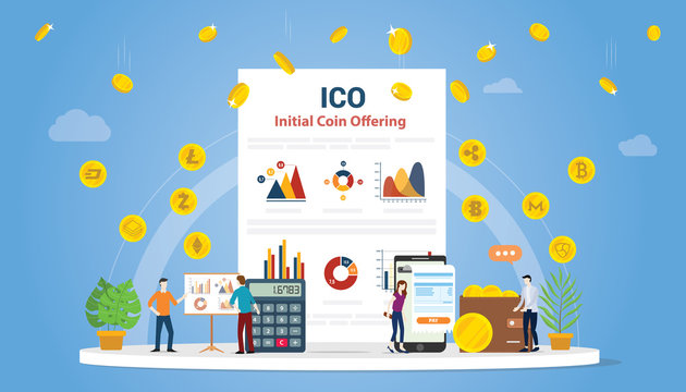 Ico Initial Coin Offering Concept With People And Business Money Graph Finance With Gold Money - Vector Illustration