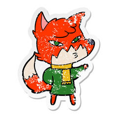 distressed sticker of a clever cartoon fox