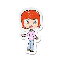 retro distressed sticker of a cartoon woman with open arms