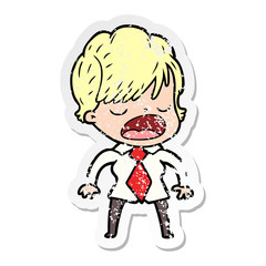 distressed sticker of a cartoon woman talking