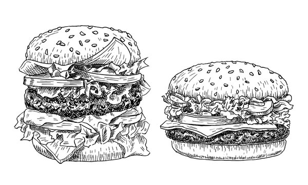 Hamburger and cheeseburger hand drawn vector illustration. Fast food engraved style. Burgers sketch isolated on white background.