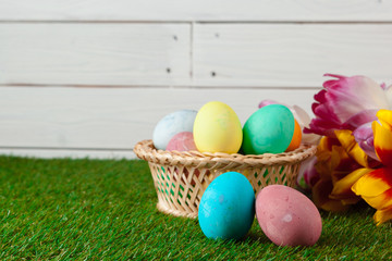 Easter Eggs with flower on Green Grass