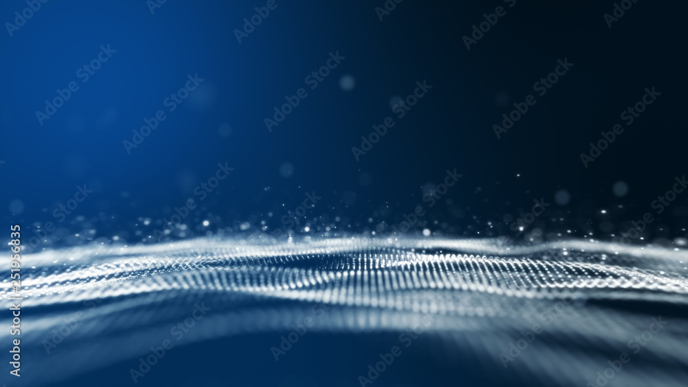 Poster blue background, digital signature with wave particles, sparkle, veil and space with depth of field.