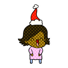 comic book style illustration of a laughing woman wearing santa hat