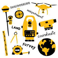 Geodetic measuring equipment, engineering technology for land area survey. Funny doodle hand drawn vector illustration. Isolated on white. - obrazy, fototapety, plakaty