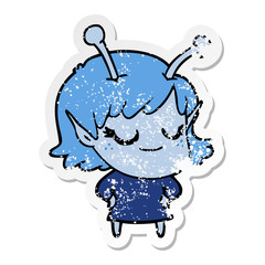 distressed sticker of a smiling alien girl cartoon