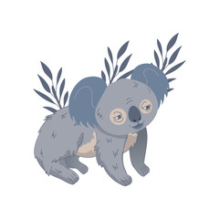 Hand drawn vector of adorable koala and eucalyptus branches with leaves. Wild animal. Australian bear