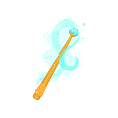 Golden magic wand with blue shiny gemstone. Stick with magical power. Flat vector for mobile game or children book