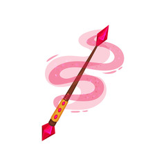 Wooden wand decorated with precious stones. Magic stick with pink dust. Witchcraft theme. Flat vector icon