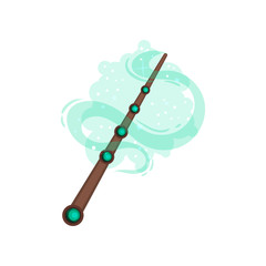 Wooden magic wand decorated with green precious stones. Tool of wizard. Flat vector for fantasy mobile game