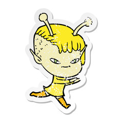 distressed sticker of a cute cartoon alien girl