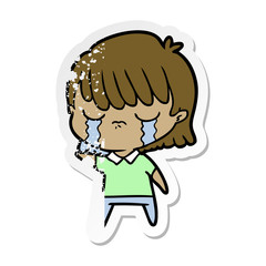 distressed sticker of a cartoon woman crying