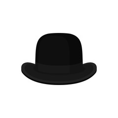 Flat vector of classic black bowler or derby hat. Traditional British headdress for men. Fashionable male accessory