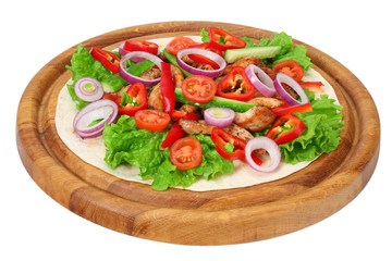 Tortilla wrap with fried chicken meat and vegetables on wooden board isolated on white background