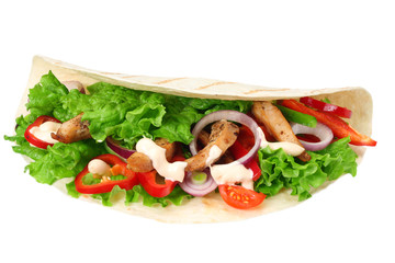Tortilla wrap with fried chicken meat and vegetables isolated on white background. fast food