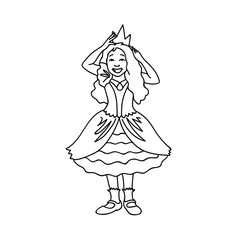 Cute girl in festive dress corrects crown. Black lines isolated on white background. Concept. Vector illustration of happy little princess in line art style. Hand drawn sketch. Monochrome minimalism.