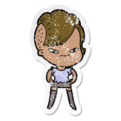 distressed sticker of a cute cartoon girl with hipster haircut