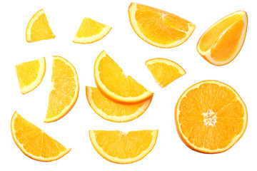 orange with slices isolated on white background. healthy food. top view