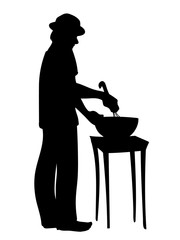 Man in hat prepares food. Guy standing, stirring ingredients in bowl. Vector illustration of black silhouette of man cooks cookies isolated on white background. Stencil. Concept