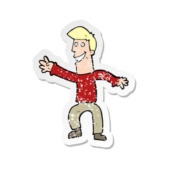 retro distressed sticker of a cartoon happy man dancing