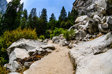 Hiking trail through a rock field in Yosemite National Park