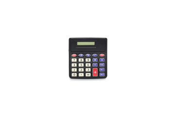 Calculator on a white background. Flat lay, top view