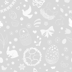 Seamless pattern of eggs, flowers, cakes, hare, hen, chicken and other Easter symbols in white and gray colors