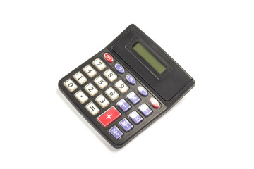 Calculator on a white background. Flat lay, top view