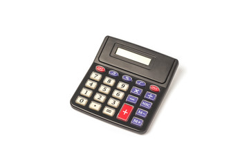 Calculator on a white background. Flat lay, top view