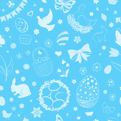 Seamless pattern of eggs, flowers, cakes, hare, hen, chicken and other Easter symbols in light blue colors