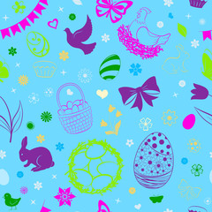 Seamless pattern of eggs, flowers, cakes, hare, hen, chicken and other Easter symbols, multicolored on light blue