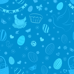Seamless pattern of eggs, flowers, cakes, hare, hen, chicken and other Easter symbols in blue colors