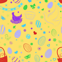 Seamless pattern of eggs, flowers, cakes, hare, hen, chicken and other Easter symbols, multicolored on yellow