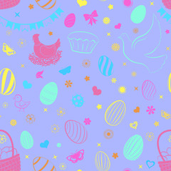 Seamless pattern of eggs, flowers, cakes, hare, hen, chicken and other Easter symbols, multicolored on violet
