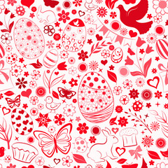 Seamless pattern of eggs, flowers, cakes, hare, hen, chicken and other Easter symbols, red on white