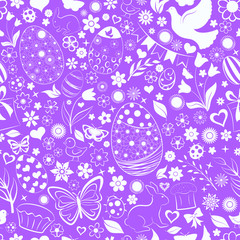 Seamless pattern of eggs, flowers, cakes, hare, hen, chicken and other Easter symbols, white on violet