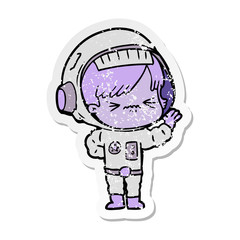 distressed sticker of a angry cartoon space girl waving