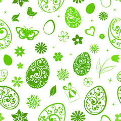 Seamless pattern of eggs, flowers, gift box, chicken and other Easter symbols, green on white