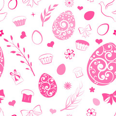 Seamless pattern of eggs, flowers, cake, gift box and other Easter symbols, pink on white